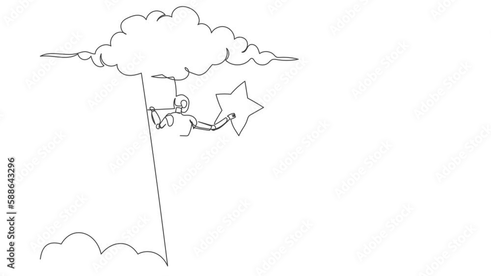 Poster animated self drawing of continuous line draw robot climbing ladder reaching star on sky for success