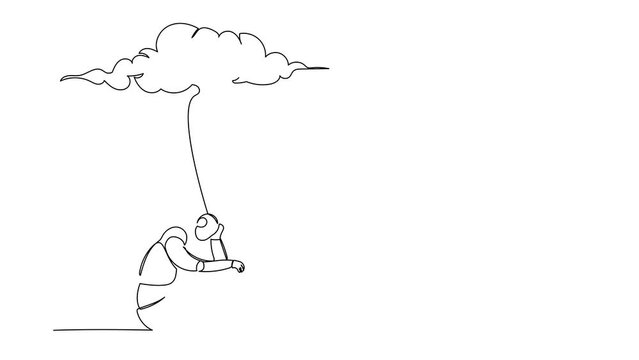 Animated self drawing of continuous line draw robot feeling stress and sad. Sitting under rain cloud. Robotic artificial intelligence. Electronic technology industry. Full length one line animation