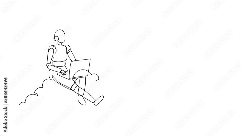Poster animated self drawing of continuous line draw robot sitting on cloud in sky and working with laptop.