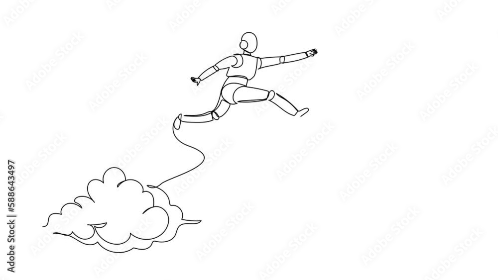 Poster animated self drawing of continuous one line draw robot jump over clouds to reach success, target. t