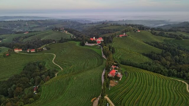 Aerial 4K drone footage of Jeruzalem during the sunrise. Jeruzalem is a small settlement in  the Municipality of Ljutomer in northeastern Slovenia.
