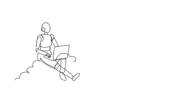 Animated self drawing of continuous line draw robot sitting on cloud in sky and working with laptop. Wireless internet connection. Humanoid robot cybernetic organism. Full length single line animation