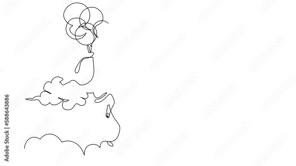 Poster animated self drawing of continuous line draw arabian businesswoman floating with flying balloon thr