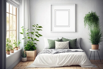 Square vertical frame mockup in boho style bedroom. Generative AI