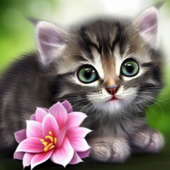 White baby kitten with big eyes with pink flowers, generative AI illustration