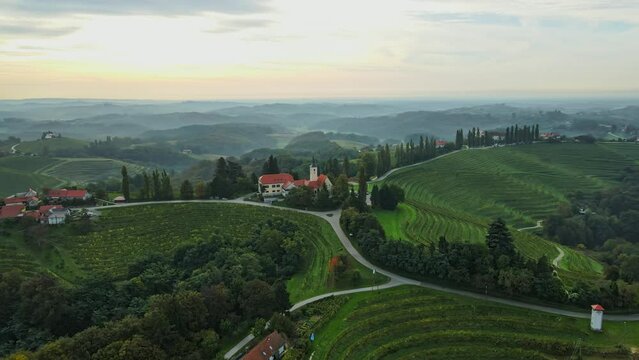 Aerial 4K drone footage of Jeruzalem during the sunrise. Jeruzalem is a small settlement in  the Municipality of Ljutomer in northeastern Slovenia.