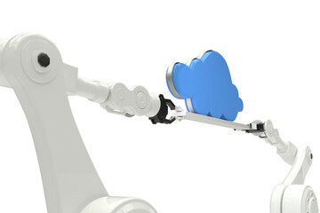 Robotic hands holding blue cloud over white background