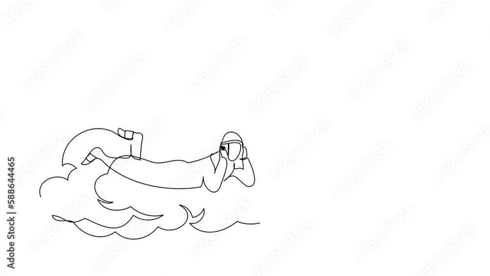 Poster self drawing animation of single one line draw arab businessman lay on clouds and thinking about new