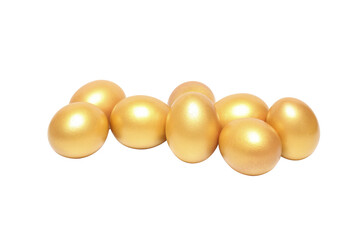 Concept of wealth and retirement - golden eggs, isolated on white background