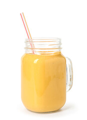 Mason jar of tasty yellow smoothie with straw on white background