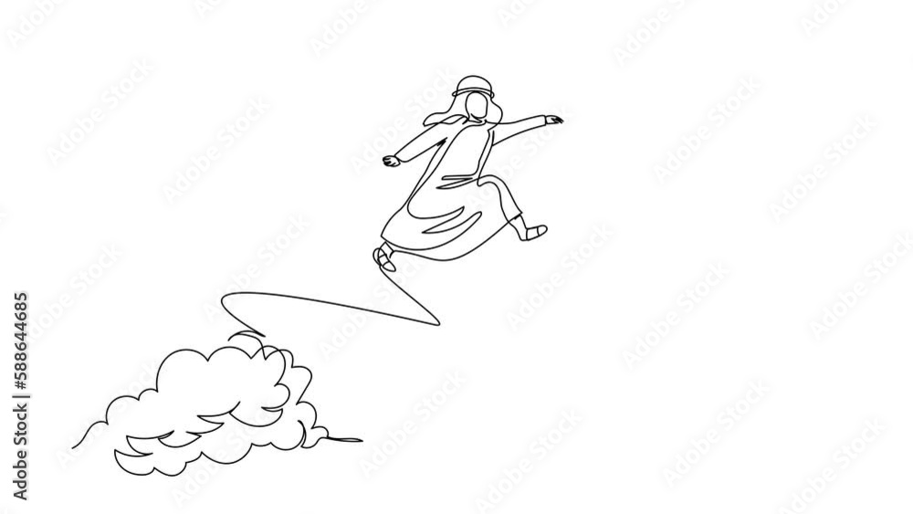 Poster animated self drawing of continuous line draw arab businessman jump over clouds to reach success, ta