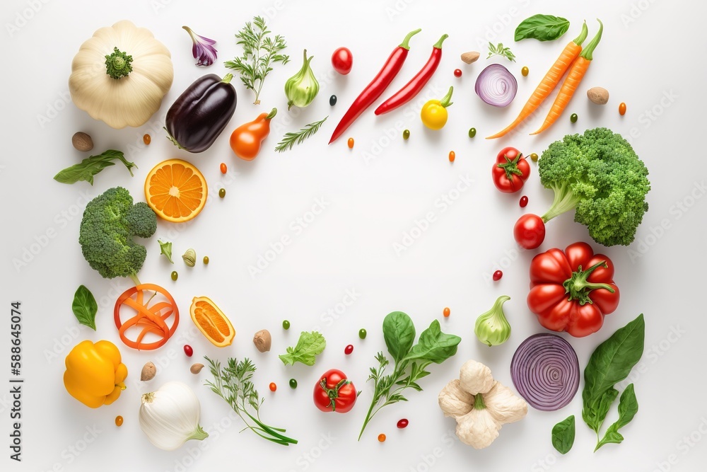 Aufkleber copy space and a top view of brightly colored vegetables on a white backdrop generative ai