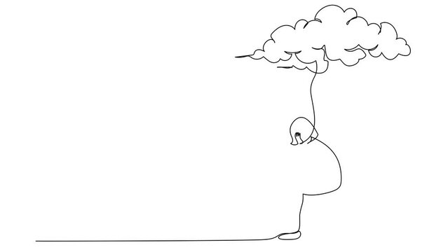 Animated self drawing of continuous line draw sad businesswoman sitting on chair under rain cloud. Worried woman thinking about business project. Collapse of economy. Full length one line animation