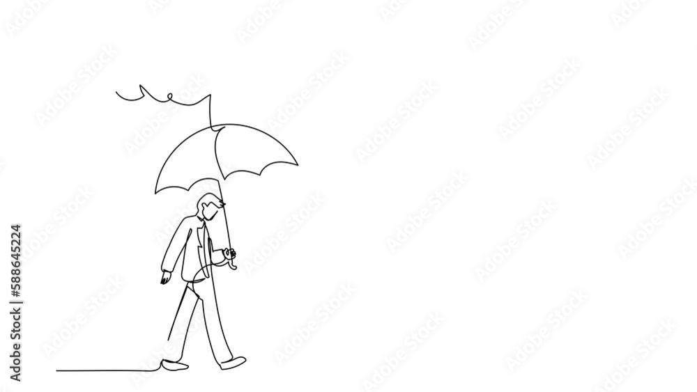 Poster animated self drawing of single continuous line draw businessman walking with umbrella under rain cl