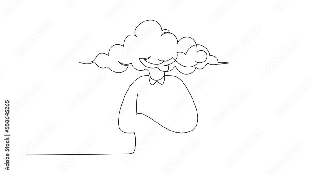 Poster animated self drawing of continuous line draw cloud head businessman. man with empty head and cloud 
