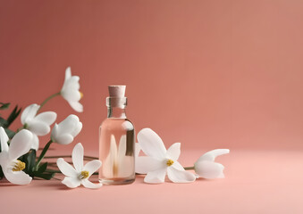 Fototapeta na wymiar Delicate Essential Oil in Glass Bottle with Fresh Snowdrop Flowers isolated on pink background, Generative AI