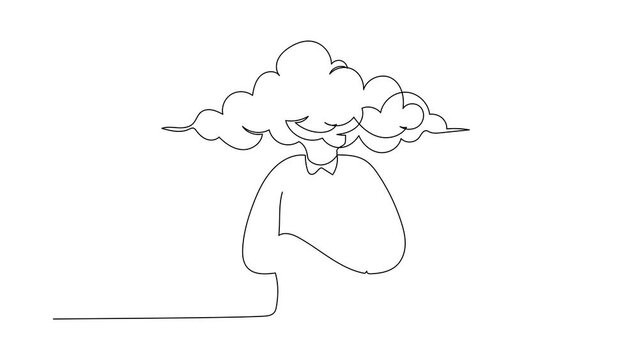 Animated self drawing of continuous line draw cloud head businessman. Man with empty head and cloud instead. Distracted, daydreaming, absent and impractical concept. Full length one line animation