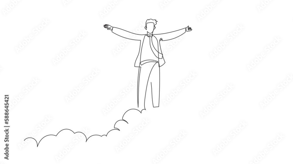 Poster animated self drawing of continuous line draw happy businessman on top of cloud with raised hand. su