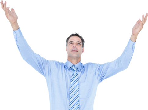 happy cheering businessman raising his arms