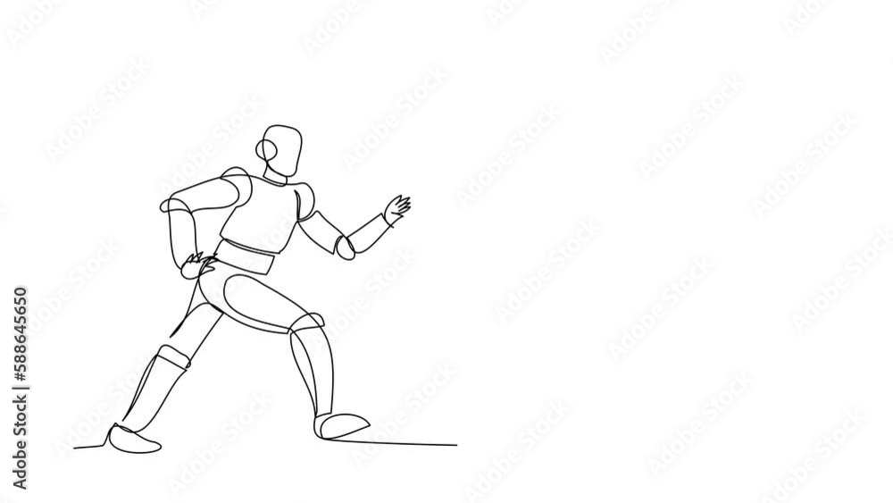 Poster self drawing animation of single one line draw robot running chasing briefcase. leather factory. fut