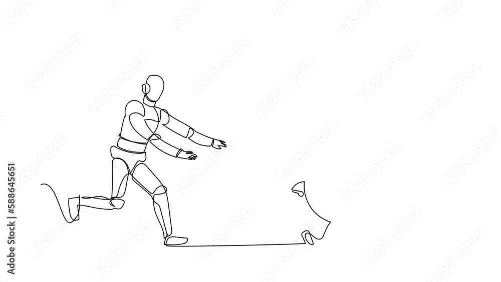 Poster animated self drawing of continuous line draw robot chase dollar coin. money in robotic industry inv