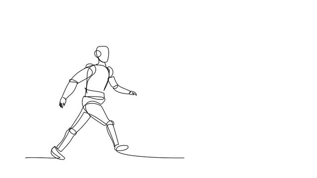 Self drawing animation of single line draw robot run chasing textbook for learning aspiration. Technology development. Artificial intelligence machine processes. Continuous line. Full length animated