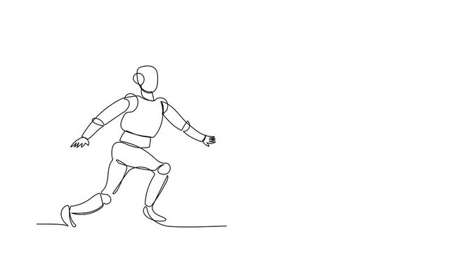 Animated self drawing of continuous line draw robot chasing laptop computer. Deadline and task. Modern robotic artificial intelligence. Electronic technology industry. Full length one line animation