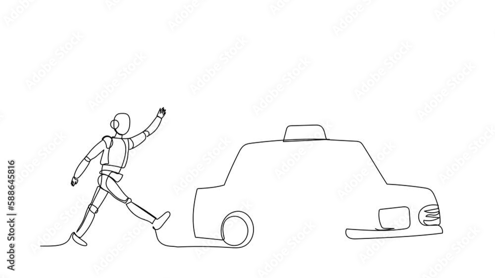 Poster animated self drawing of continuous line draw robot running chasing taxi cab. digitally transportati