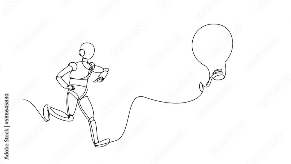 Poster self drawing animation of single line draw robot chasing flying light bulb. searching creativity, ne