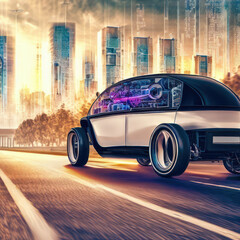 Fototapeta premium Self driving in a modern city, photorealistic artistic generative AI, concept