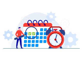 Empowering business planning and efficiency - business time management, productivity, Flat illustration of a male employee with calendar and clock, Efficient workday