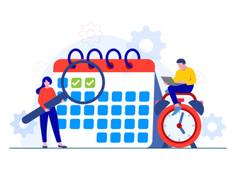 A female employee with magnifying glass checking the targets or schedule, Planning or organizing schedule, Achieving targets, Business time management, productivity, Making schedule using calendar,