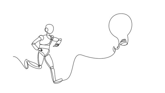 Self drawing animation of single line draw robot chasing flying light bulb. Searching creativity, new invention. Technology development. Artificial intelligence. Continuous line. Full length animated