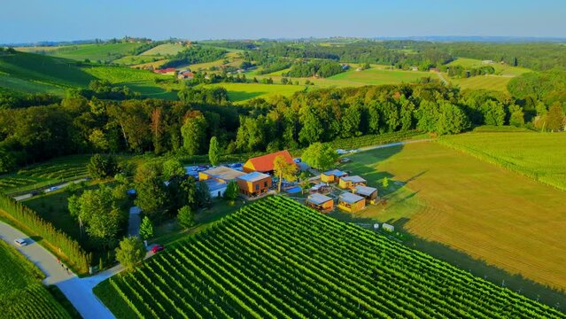 Aerial drone 4K footage of Prlekija in the morning during sunrise. Prlekija is a picturesque region in northeastern Slovenia known for its rolling hills, lush vineyards, and rich cultural heritage.