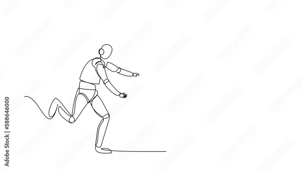 Poster animated self drawing of continuous line draw robot run chase cup. digital industry in coffee shop. 