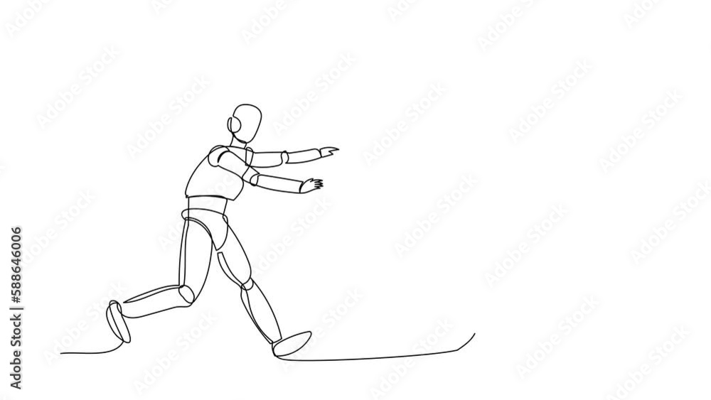Poster animated self drawing of continuous line draw robot run chasing smartphone. communication revolution