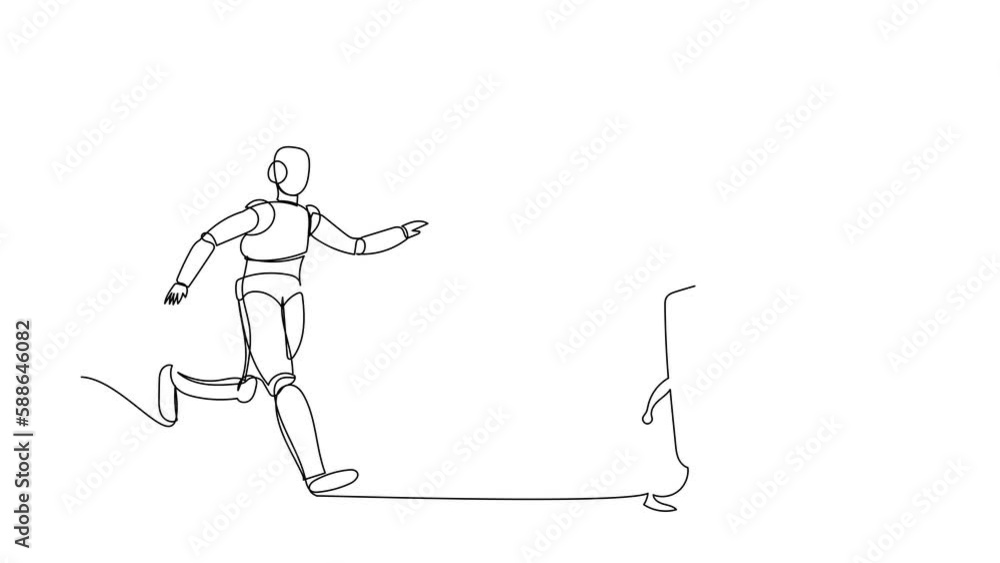 Poster self drawing animation of single one line draw robot chasing calculator. calculation of expenses in 