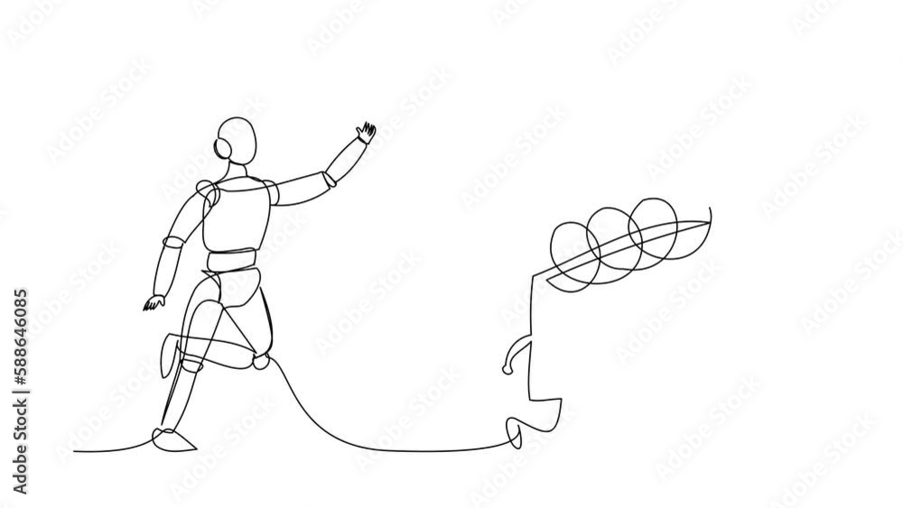 Poster self drawing animation of single line draw robot chasing calendar. time management optimization. fut