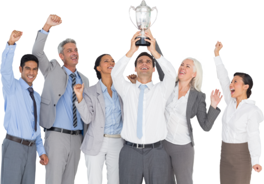 Business people holding cup and cheering 