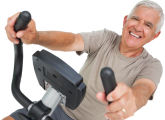 Portrait of a happy senior man on stationary bike