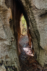 Narrow path between rocks in Petit Tsingy de Bemaraha, Strict Nature Reserve located near the western coast of Madagascar. UNESCO World Heritage.. Madagascar amazing wilderness landscape