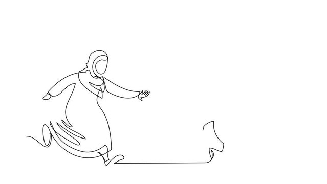 Animated self drawing of continuous line draw Arab businesswoman chase dollar coin. Office worker want to get much money as possible. Arabian manager chasing success. Full length single line animation