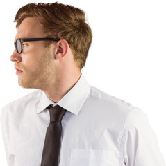 Young geeky businessman looking away