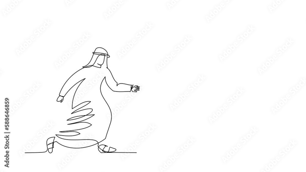 Poster self drawing animation of single line draw arab businessman chasing laptop. employee who works in of