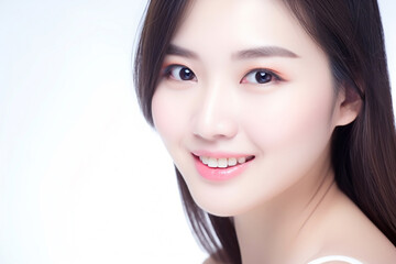 Naklejka premium Beautiful Asian Woman, Close up on her face with Smooth skin look at the camera on a White background in Studio light. generative AI