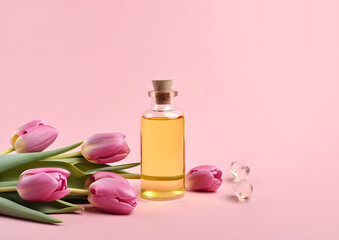 Obraz na płótnie Canvas Aromatic Essential Oil in Glass Bottle with Beautiful Fresh Tulip Flowers isolated on pink background, Generative AI