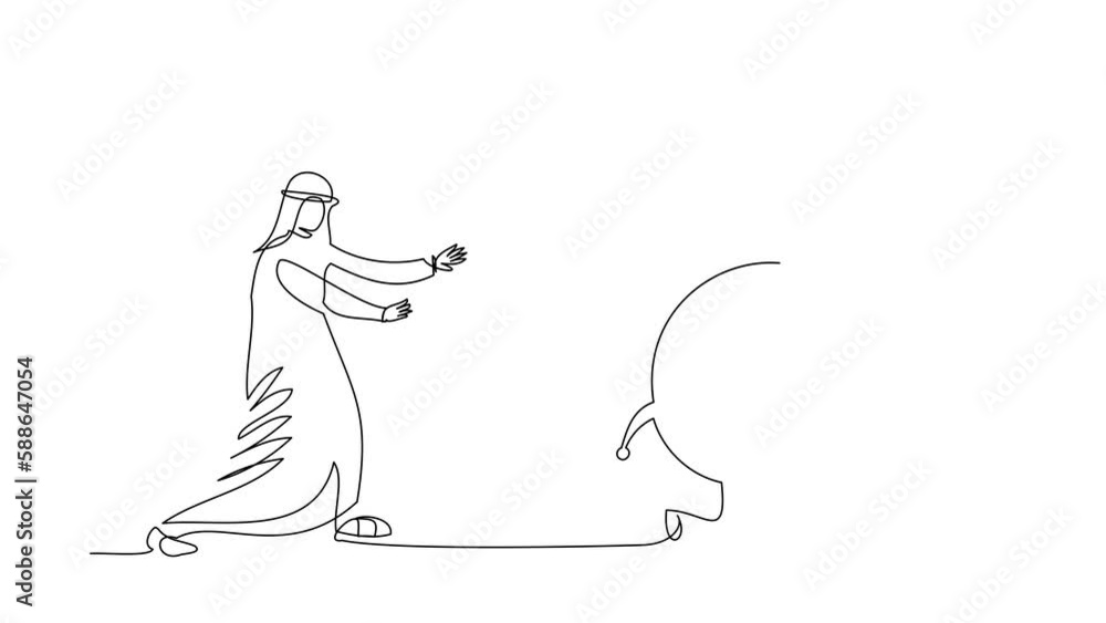 Poster animated self drawing of continuous line draw arab businessman chasing time. manager runs after cloc