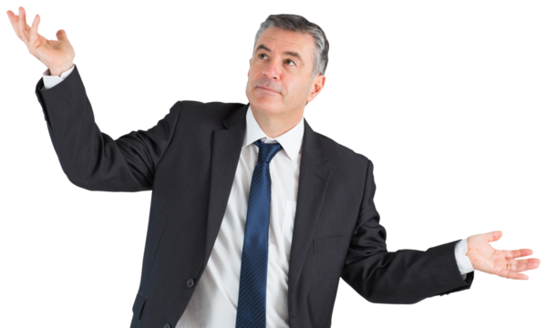 Mature businessman holding his hands out