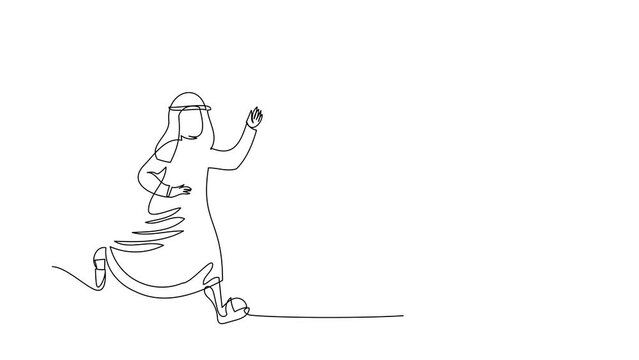 Self drawing animation of single one line draw Arab businessman chasing light bulb. Imagination for new business or ideas. Motivated employee seek solution. Continuous line draw. Full length animated