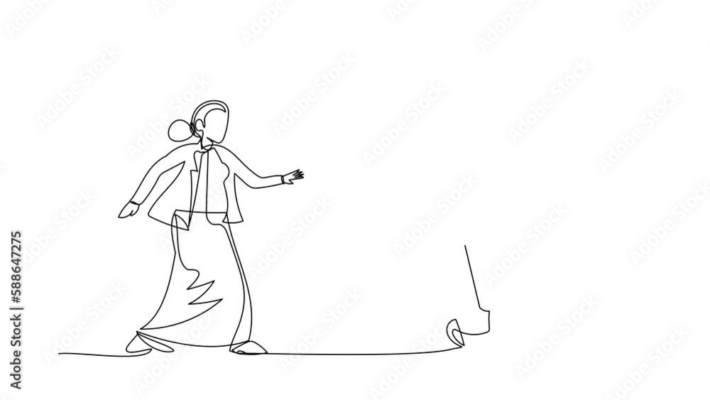 Poster animated self drawing of continuous line draw businesswoman run chasing try to catch text book. work